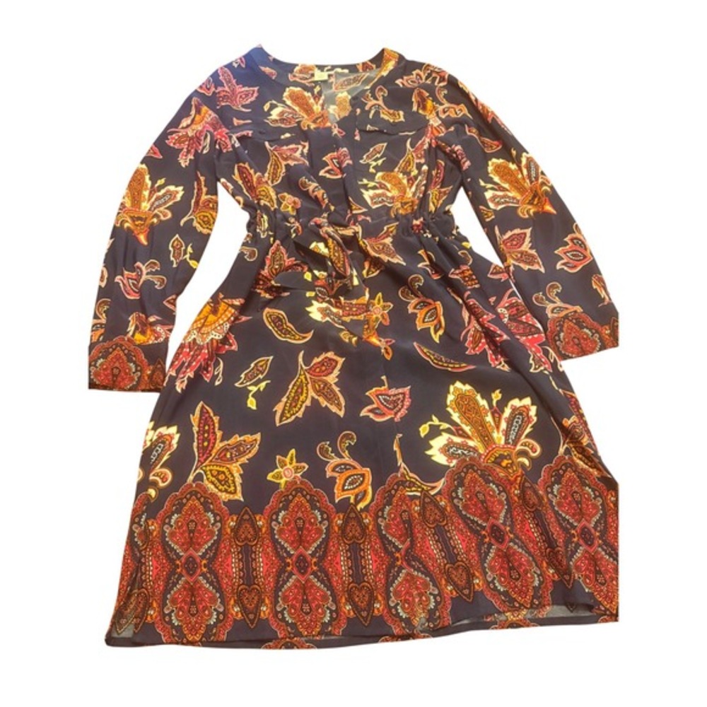 Liz Claiborne Paisley Boho Shirt Dress Women L Long Sleeve Navy Orange Tie Waist